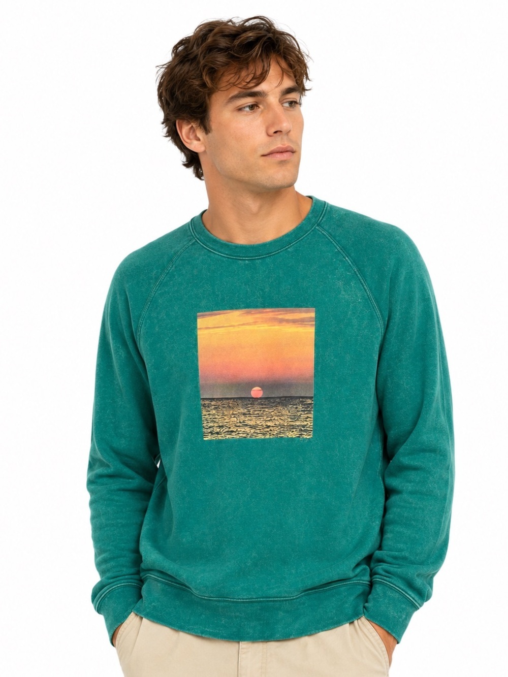 ATM Anthony Thomas Melillo Crewneck Sweatshirt Green Sunset Print Luxury Basics